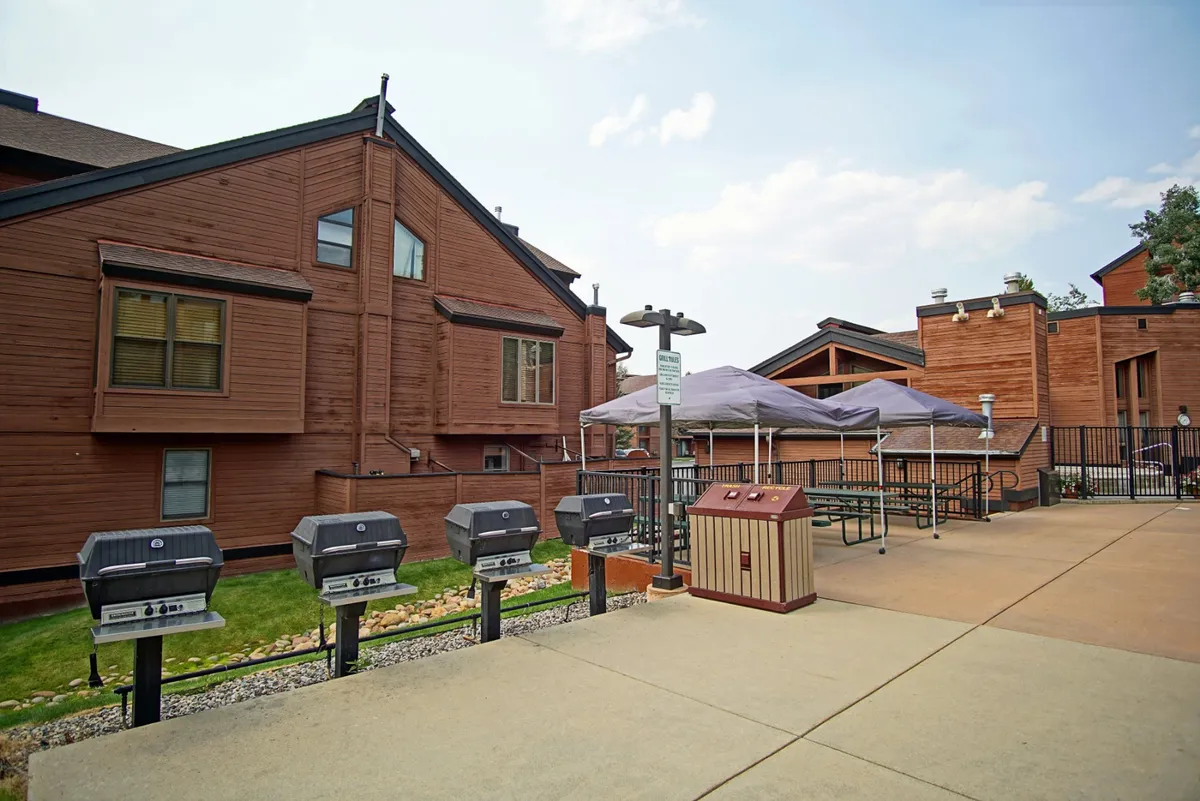 A casual and communal exterior setup featuring multiple BBQ grills, a shaded picnic area with outdoor seating, and a canopy tent—ideal for social gatherings, cookouts, and summer relaxation.